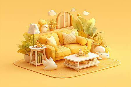 一个黄色沙发图片