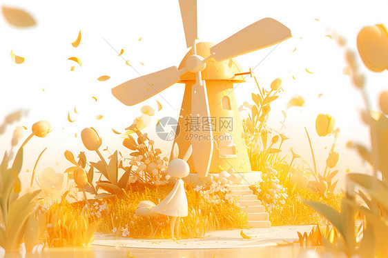 阳光田野上的风车图片