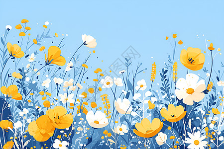 可爱黄色背景田园风光中的花朵插画