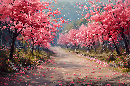 桃花盛开的园径高清图片