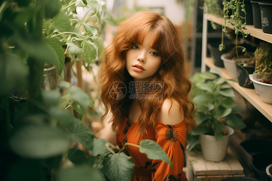 红发女子在植物旁图片