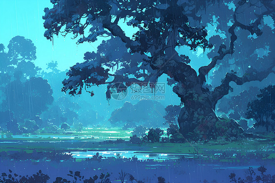 蓝色森林中的湖泊图片