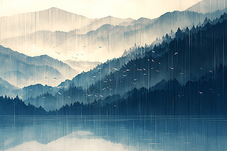 清风细雨湖畔山景图片