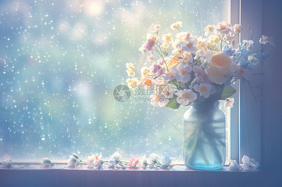 雨中窗边的花朵图片