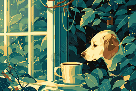 窗前的狗狗和茶杯图片