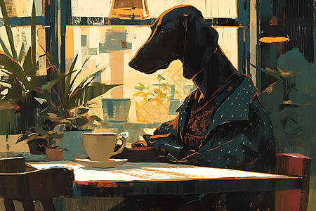 窗前桌边品尝咖啡的狗图片