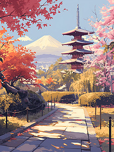 寺庙小路边的樱花树图片