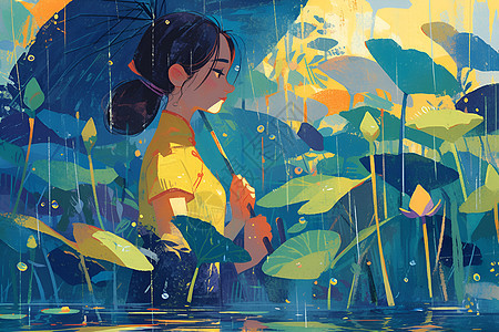 湖畔雨中的少女图片