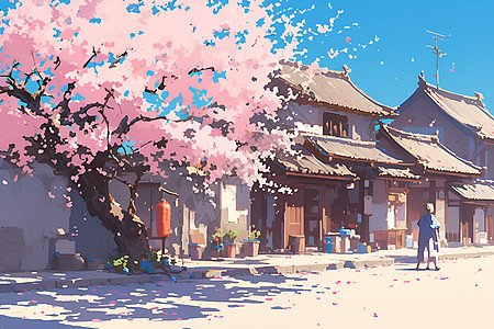 樱花衬托的村庄图片