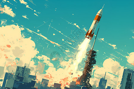城市中的火箭飞行图片