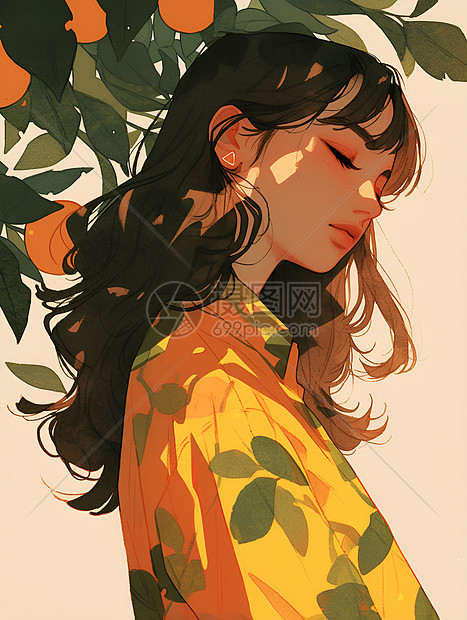 橙树下的女子图片