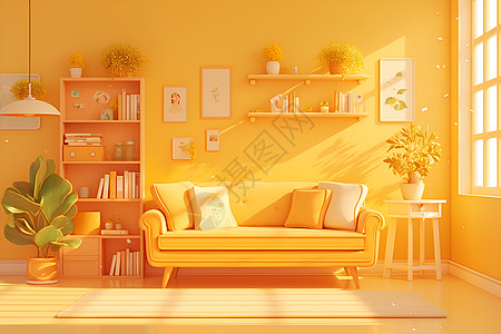 明亮黄色背景下的温馨客厅图片