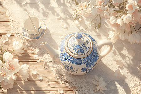 木桌上的白瓷茶壶图片