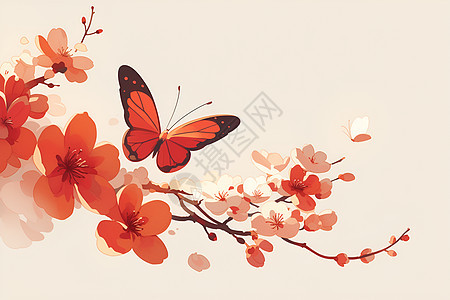 红色花枝上的蝴蝶图片