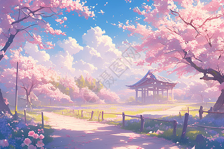 桃花树下的恬静风景图片