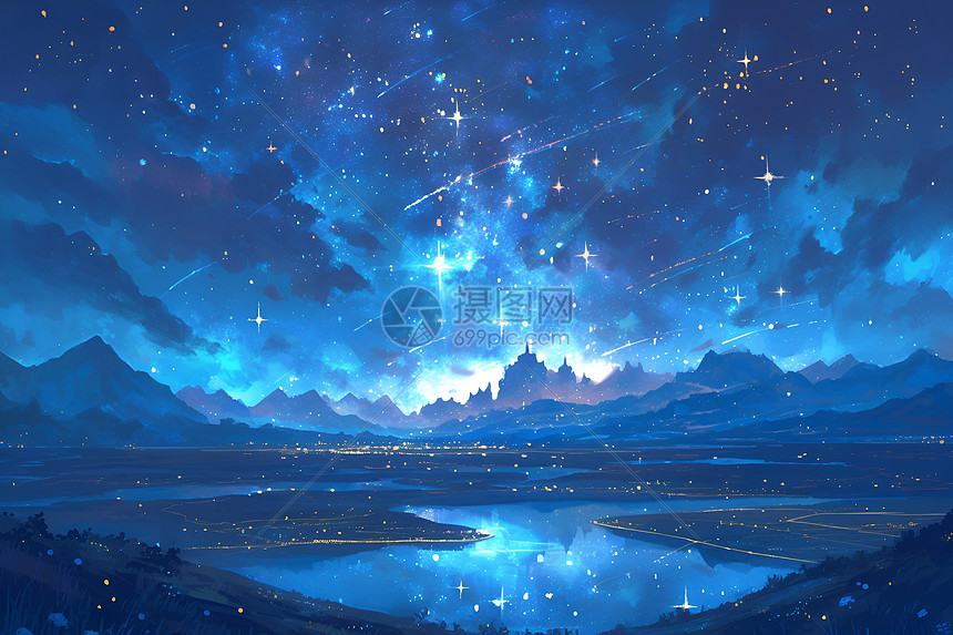星星点缀的湖景图片