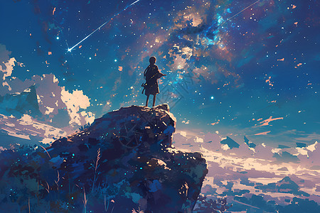 星空下一个男子站在山顶图片