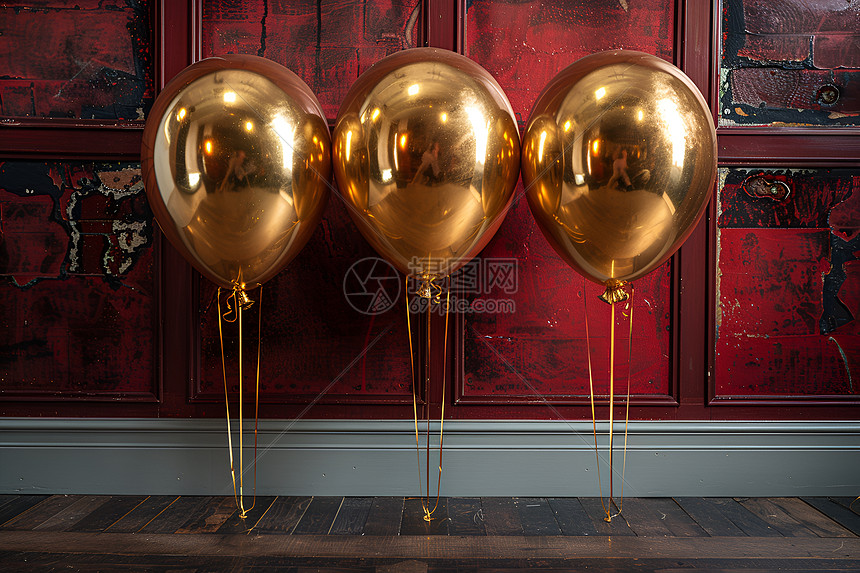 金色充气气球在红墙前图片