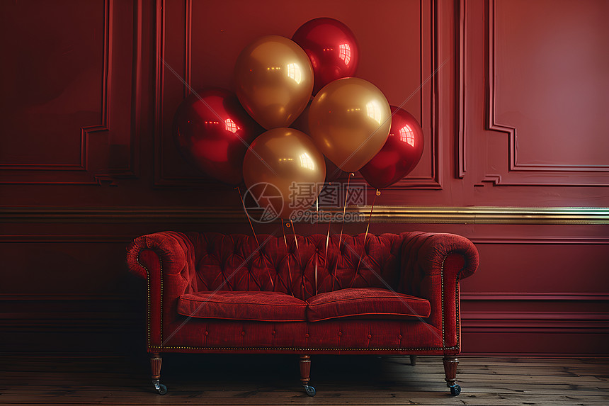 红沙发前的充气气球图片