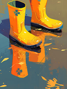 水面倒影的黄色雨靴图片