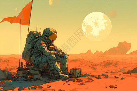 石块地面孤独的宇航员插画
