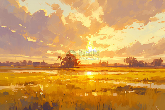 金色的夕阳洒在田野上图片