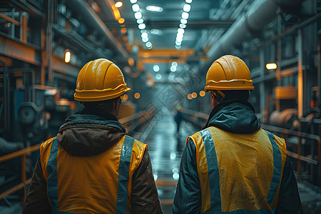 工厂内两名戴黄色安全帽的工人图片