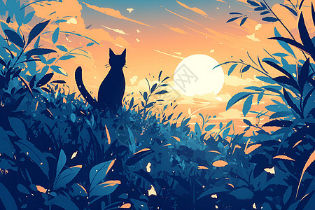 草地上看夕阳的猫咪图片