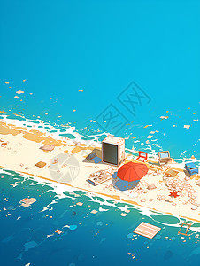 小岛沙滩上的遮阳伞图片