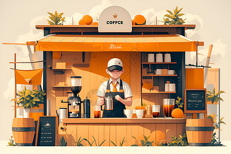 年轻咖啡师在咖啡摊图片