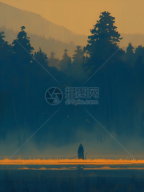 孤立的人物站在雾蒙蒙的海岸线上图片