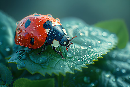 小瓢虫在水滴覆盖的绿叶上图片
