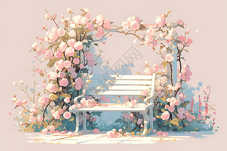 粉色花园中的长椅图片