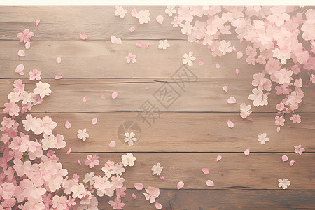桃花瓣洒落在木地板上图片