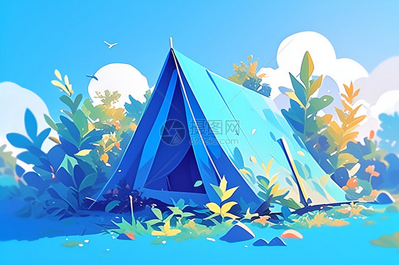 夏日森林中的蓝色帐篷图片