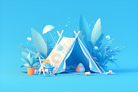 夏日蓝色帐篷插画图片