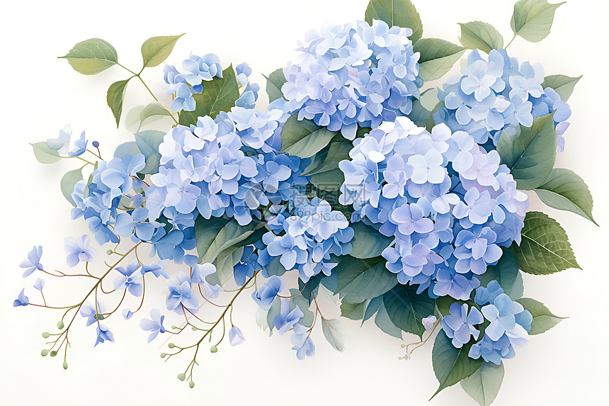蓝色绣球花的水彩画图片