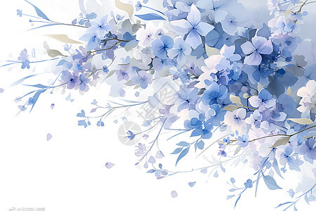 树枝上的蓝色绣球花图片