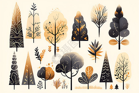 简约的各种树木插画图片
