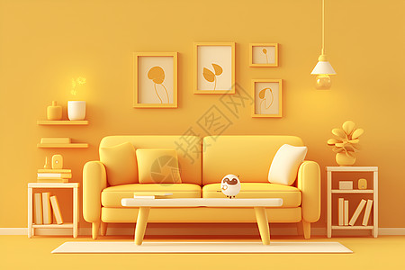 家具人流简洁黄色主题客厅插画