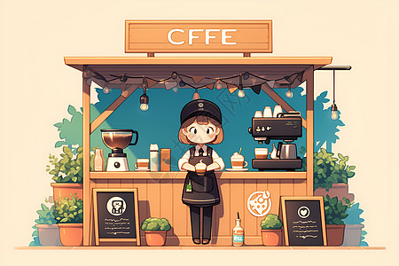 咖啡厅外景咖啡厅前的服务员插画