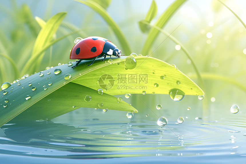 水滴中的瓢虫图片