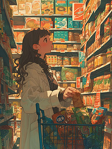 女孩在超市里逛街手推图片