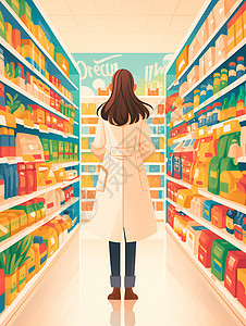 白色外套的女孩在杂货店里浏览商品图片