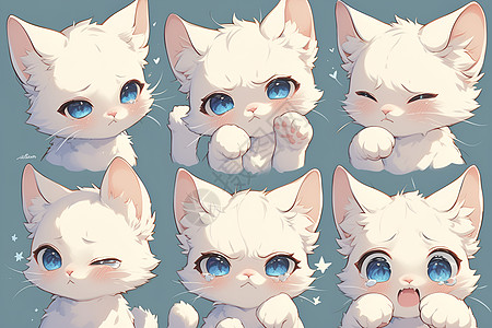 蓝眼睛白猫的多种情绪插图图片