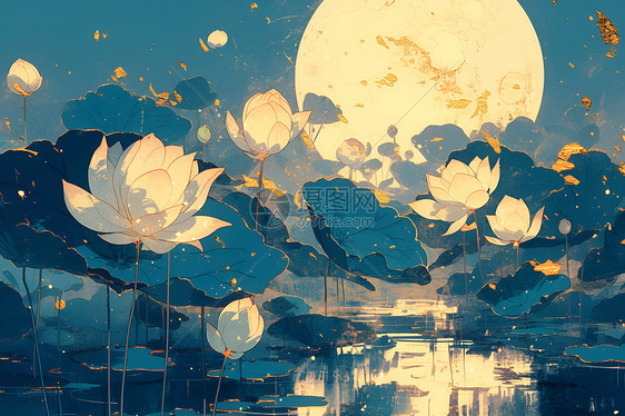 月光下白莲花的美景图片