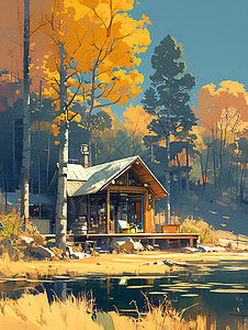 小木屋湖边的画景图片