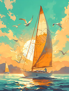 夕阳下海面行驶的帆船图片
