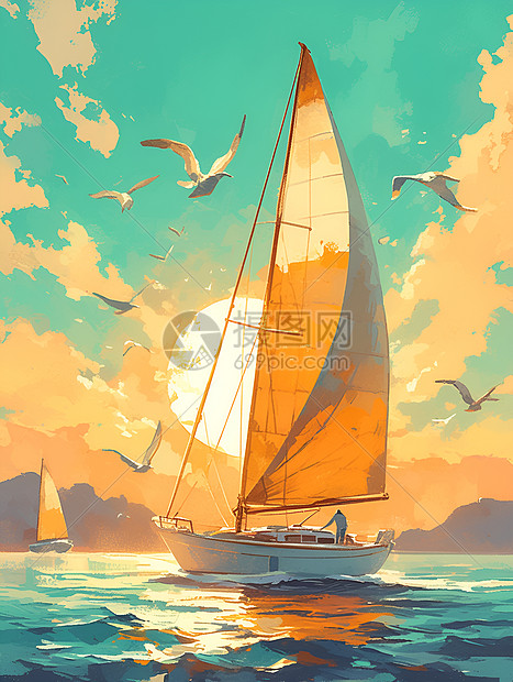 夕阳下海面行驶的帆船图片