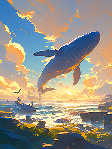 夕阳下的巨鲸奇观高清图片